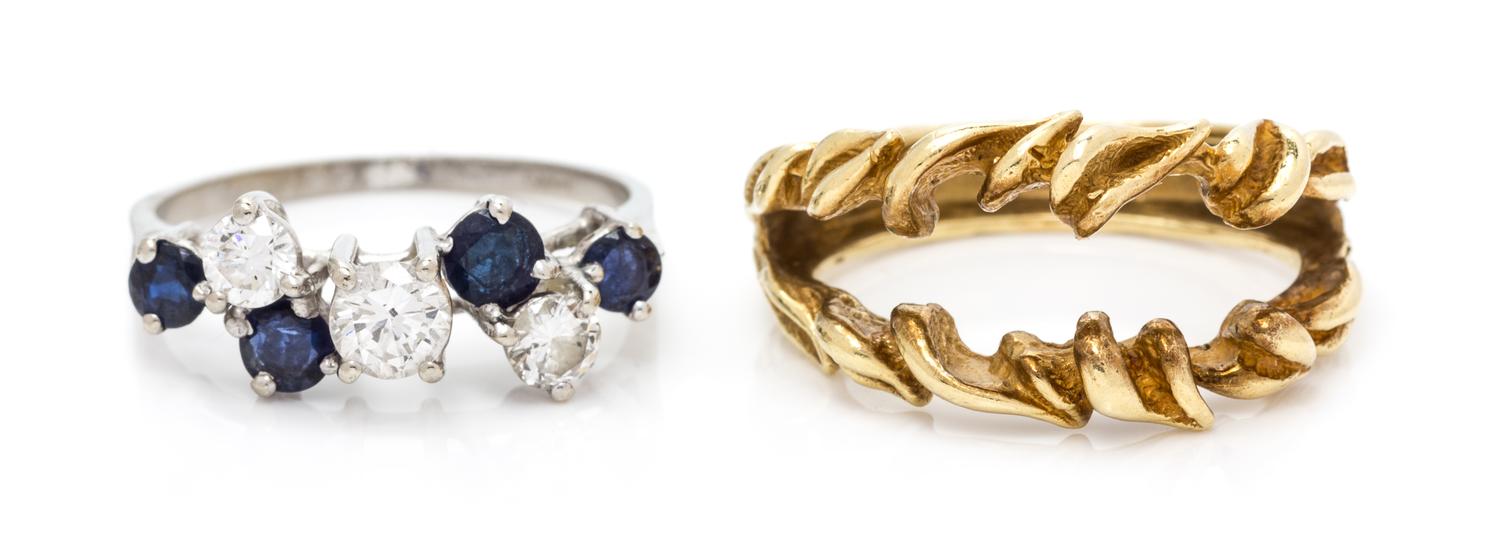 A White Gold, Yellow Gold, Diamond and Sapphire Ring Set, 6.50 dwts.