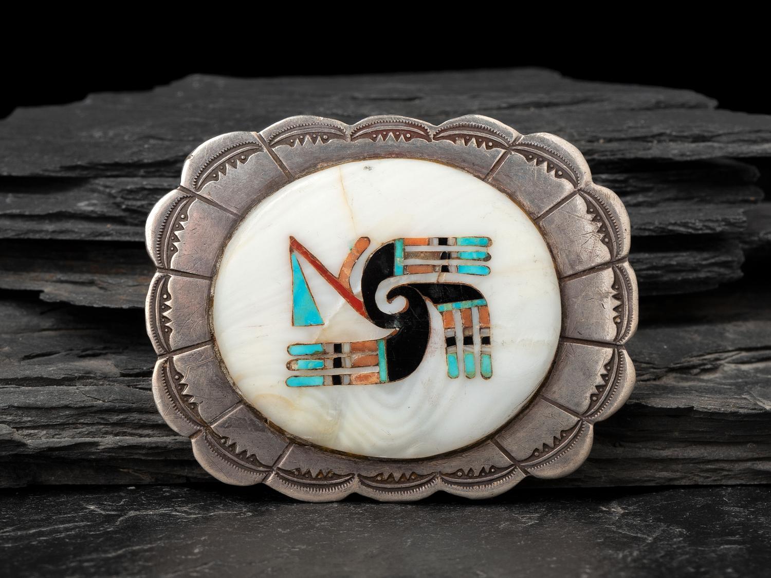 Silver and Mosaic Inlay Belt Buckle