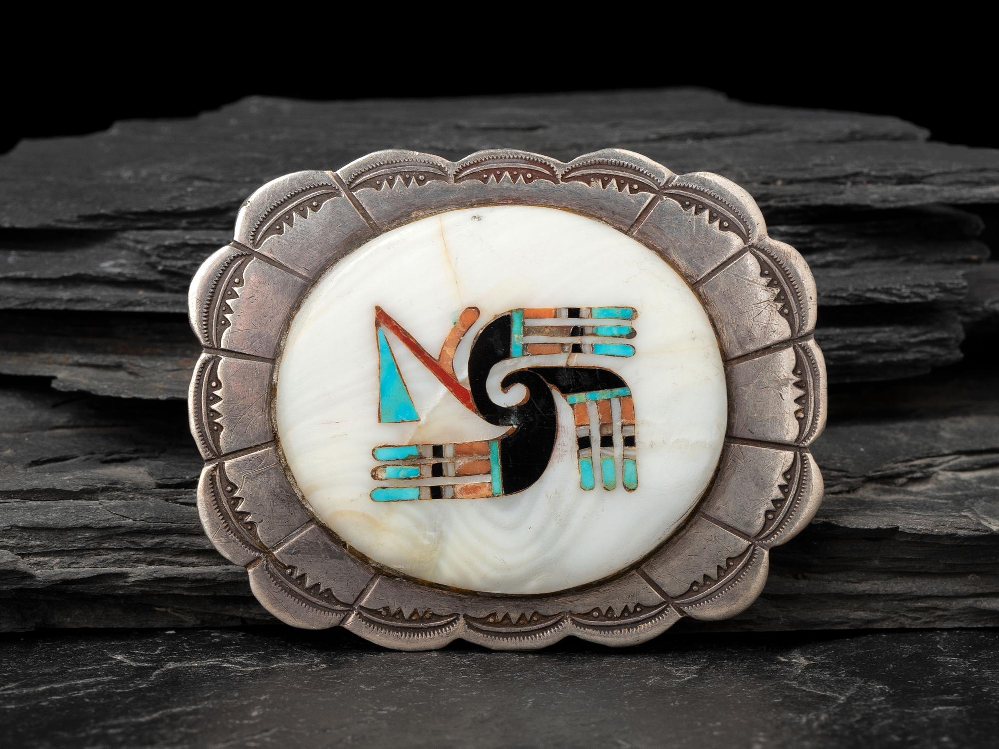 Silver and Mosaic Inlay Belt Buckle