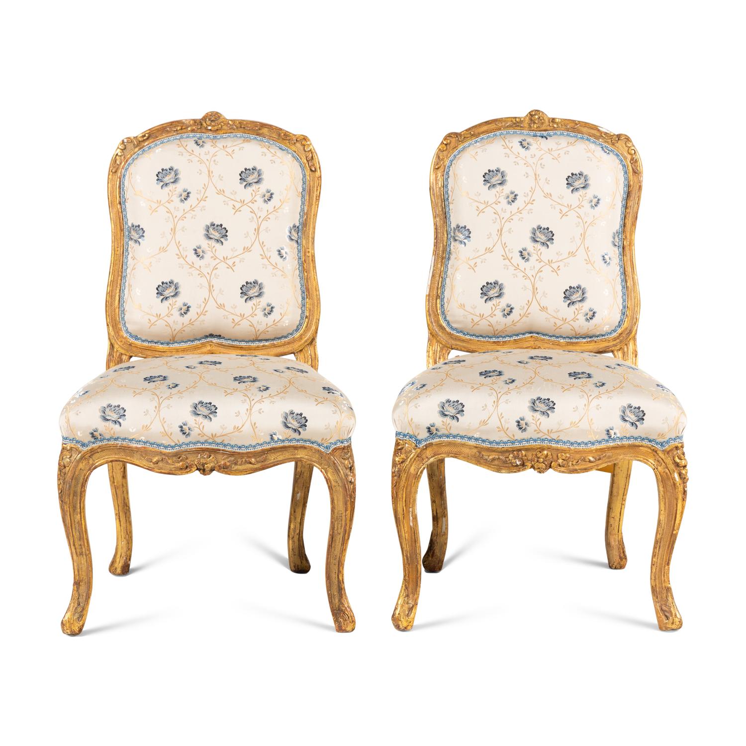 A Pair of Louis XV Carved Giltwood Chaises à la Reine