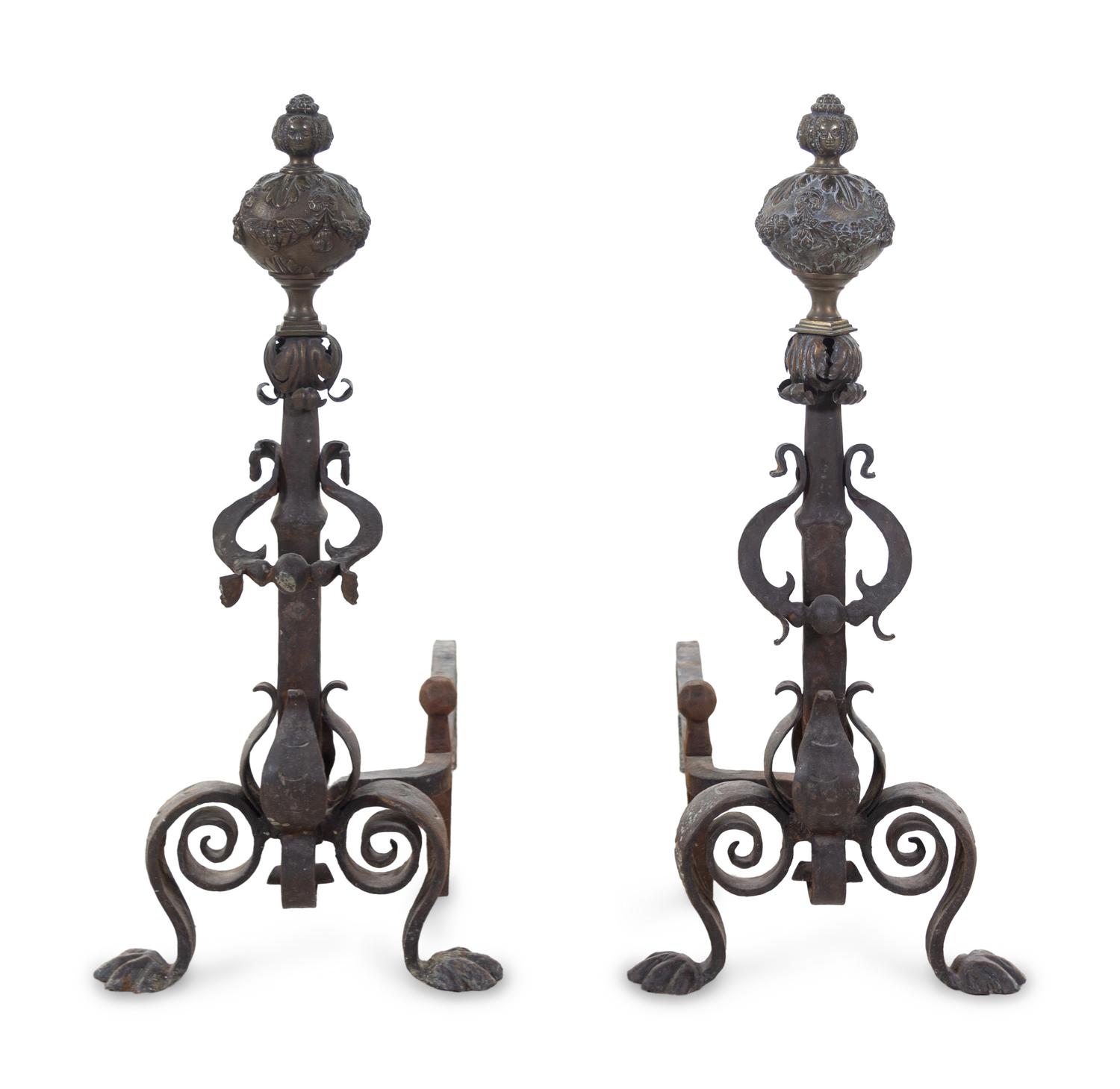 A Pair of Baroque Style Brass and Iron Andirons