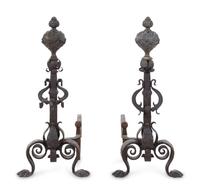 A Pair of Baroque Style Brass and Iron Andirons
