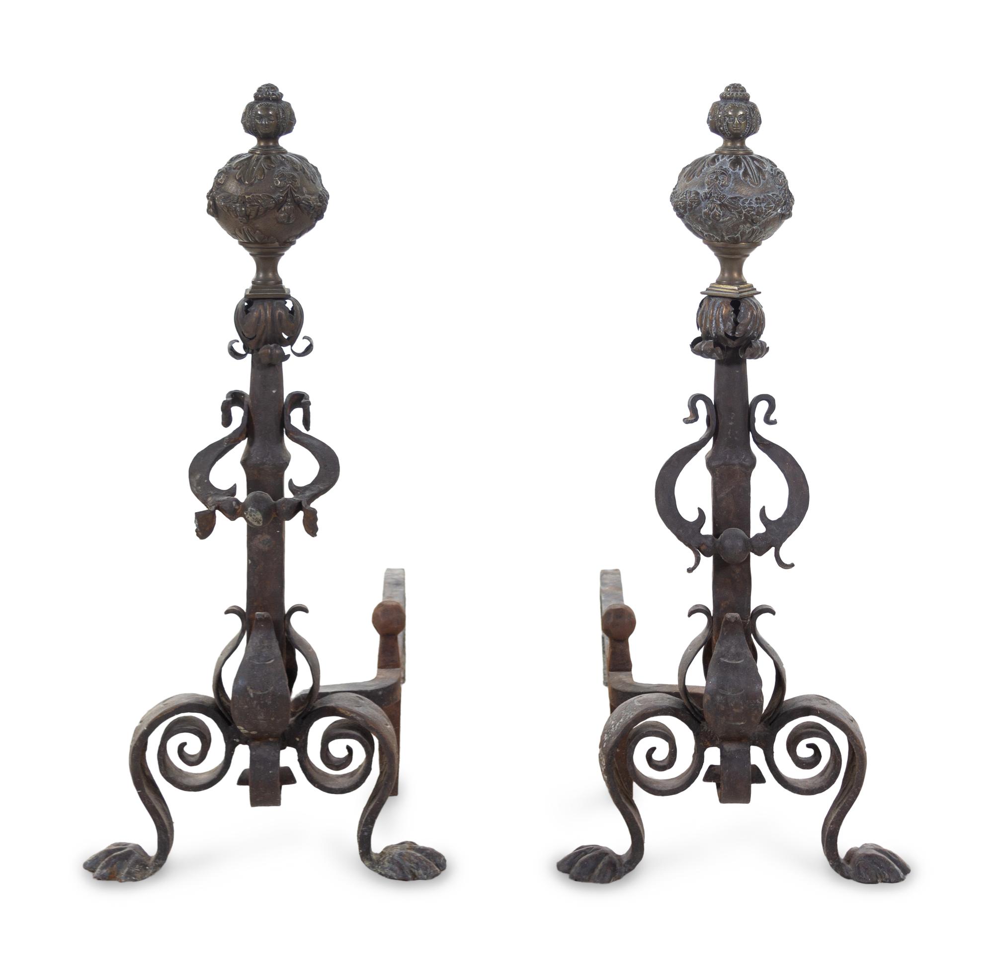 A Pair of Baroque Style Brass and Iron Andirons