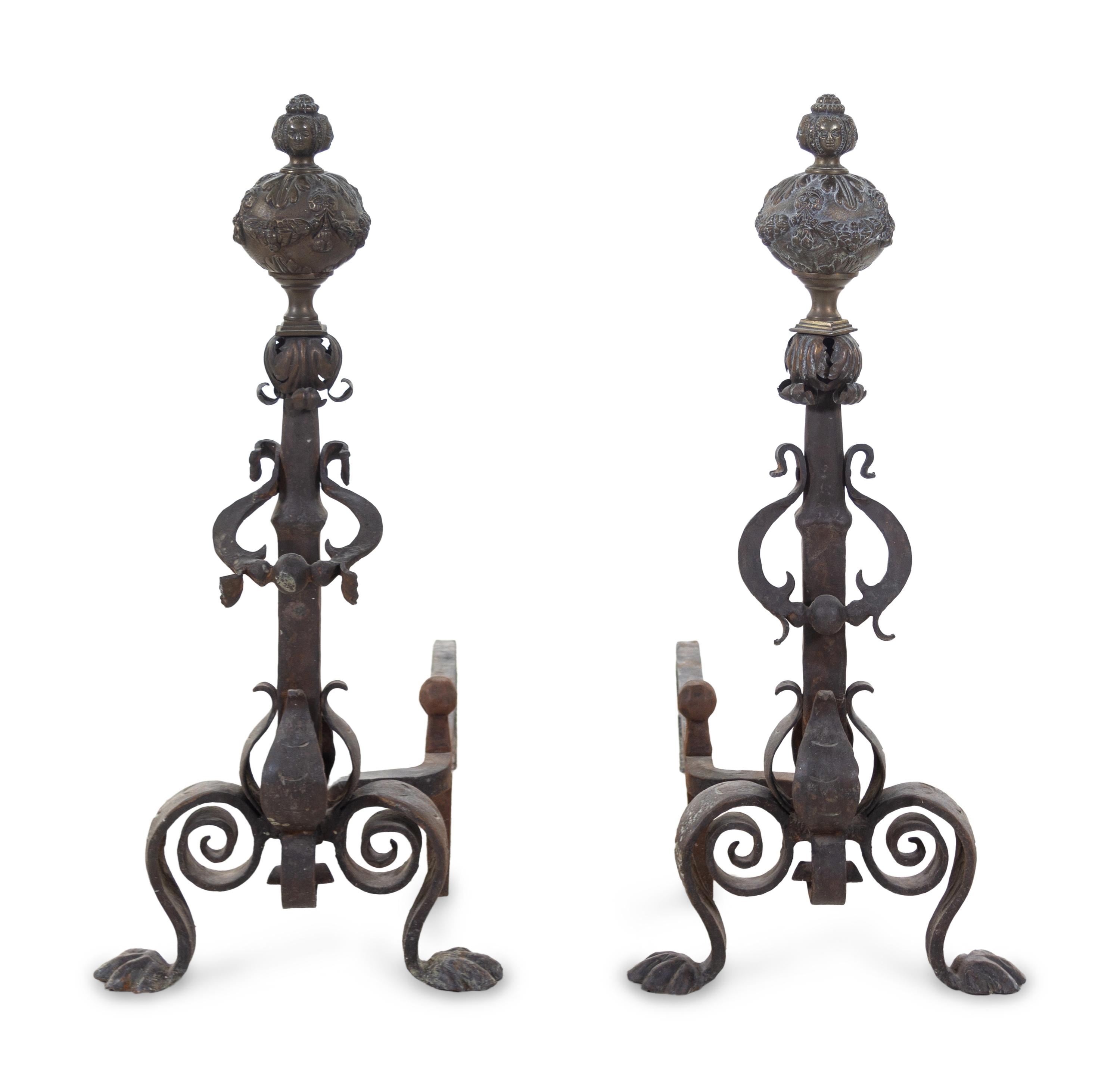 A Pair of Baroque Style Brass and Iron Andirons