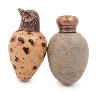 Two English Silver Mounted Polychrome Earthenware Scent Flasks