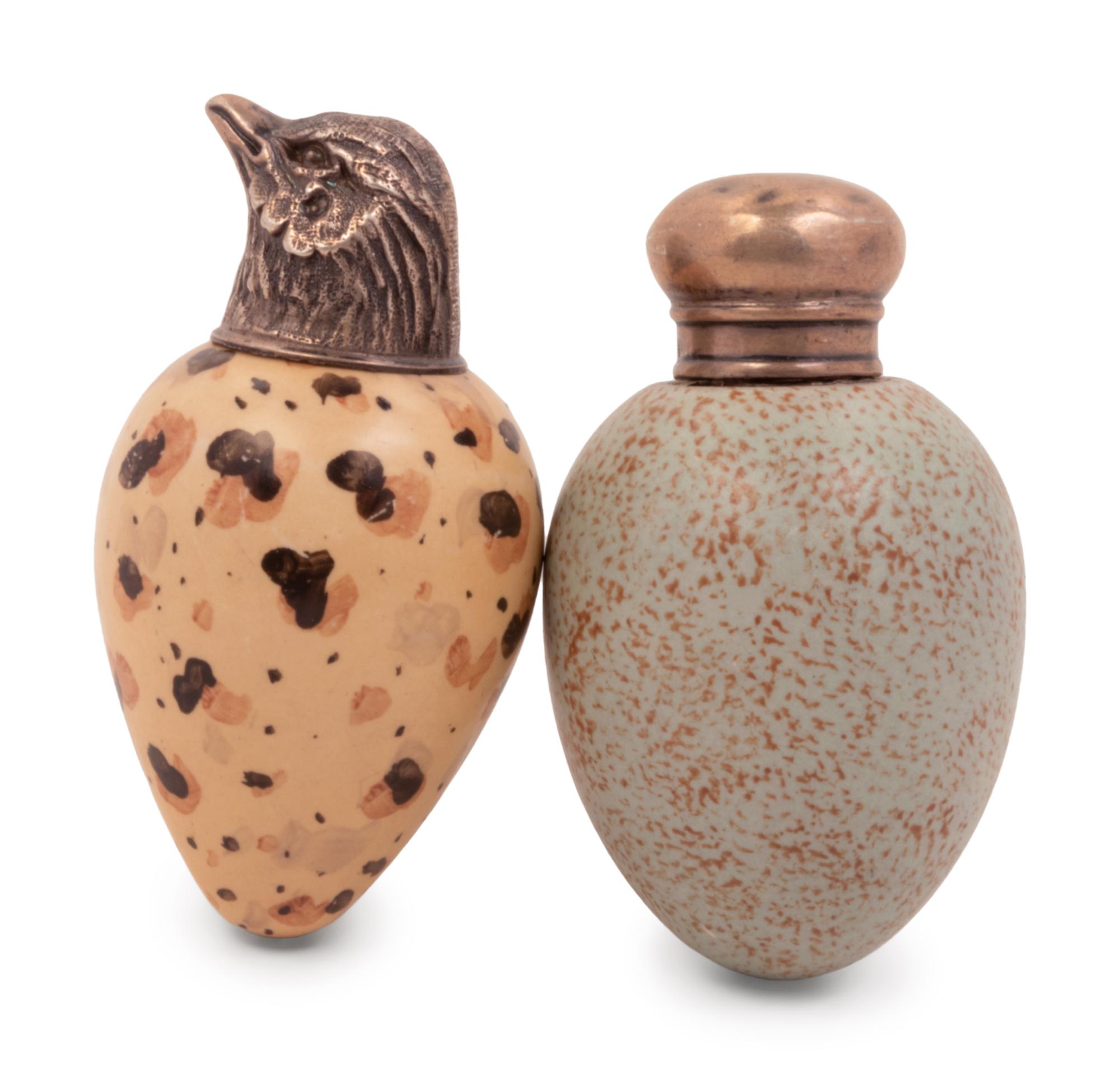 Two English Silver Mounted Polychrome Earthenware Scent Flasks