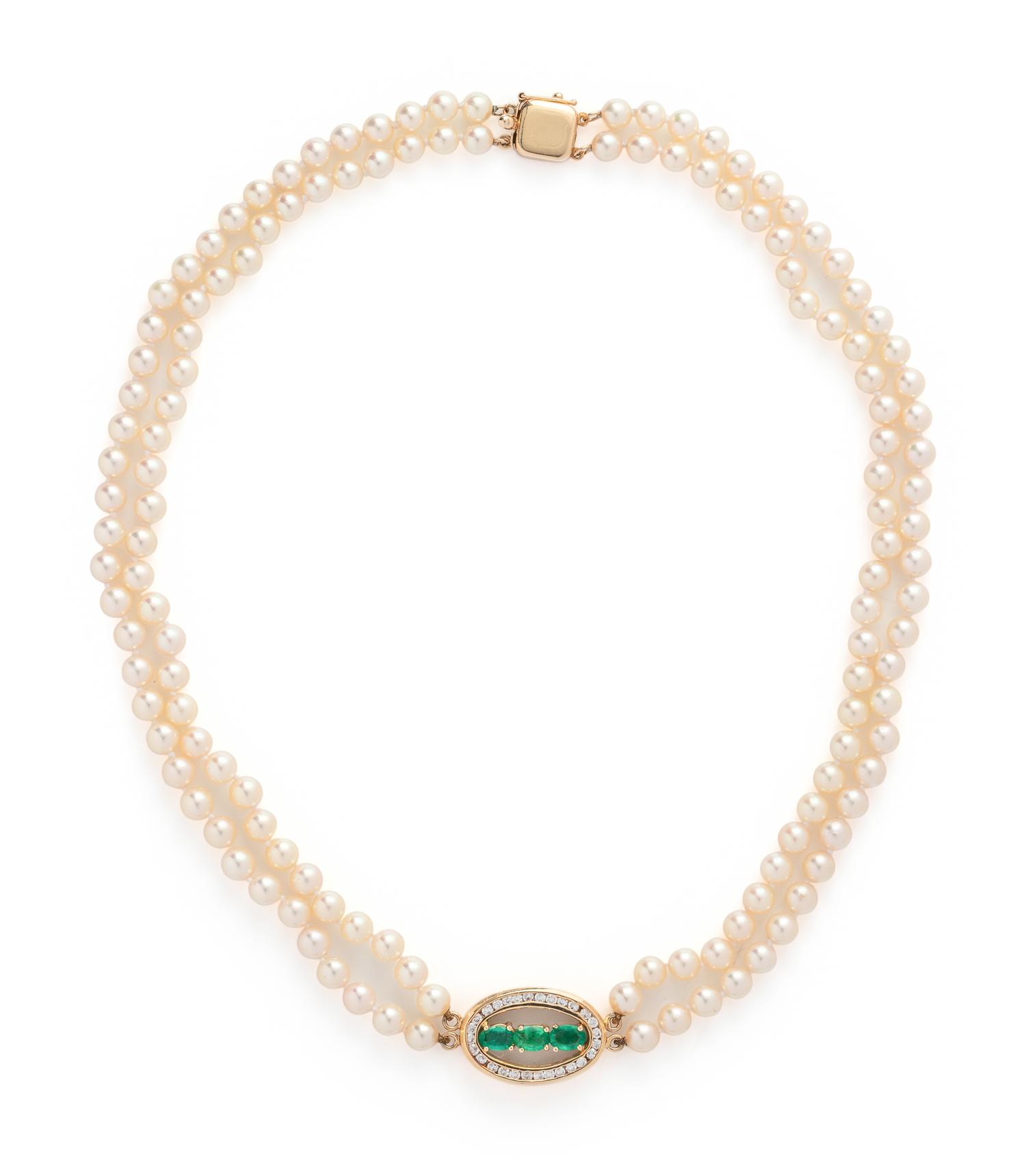 CULTURED PEARL, EMERALD AND DIAMOND NECKLACE