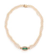 CULTURED PEARL, EMERALD AND DIAMOND NECKLACE