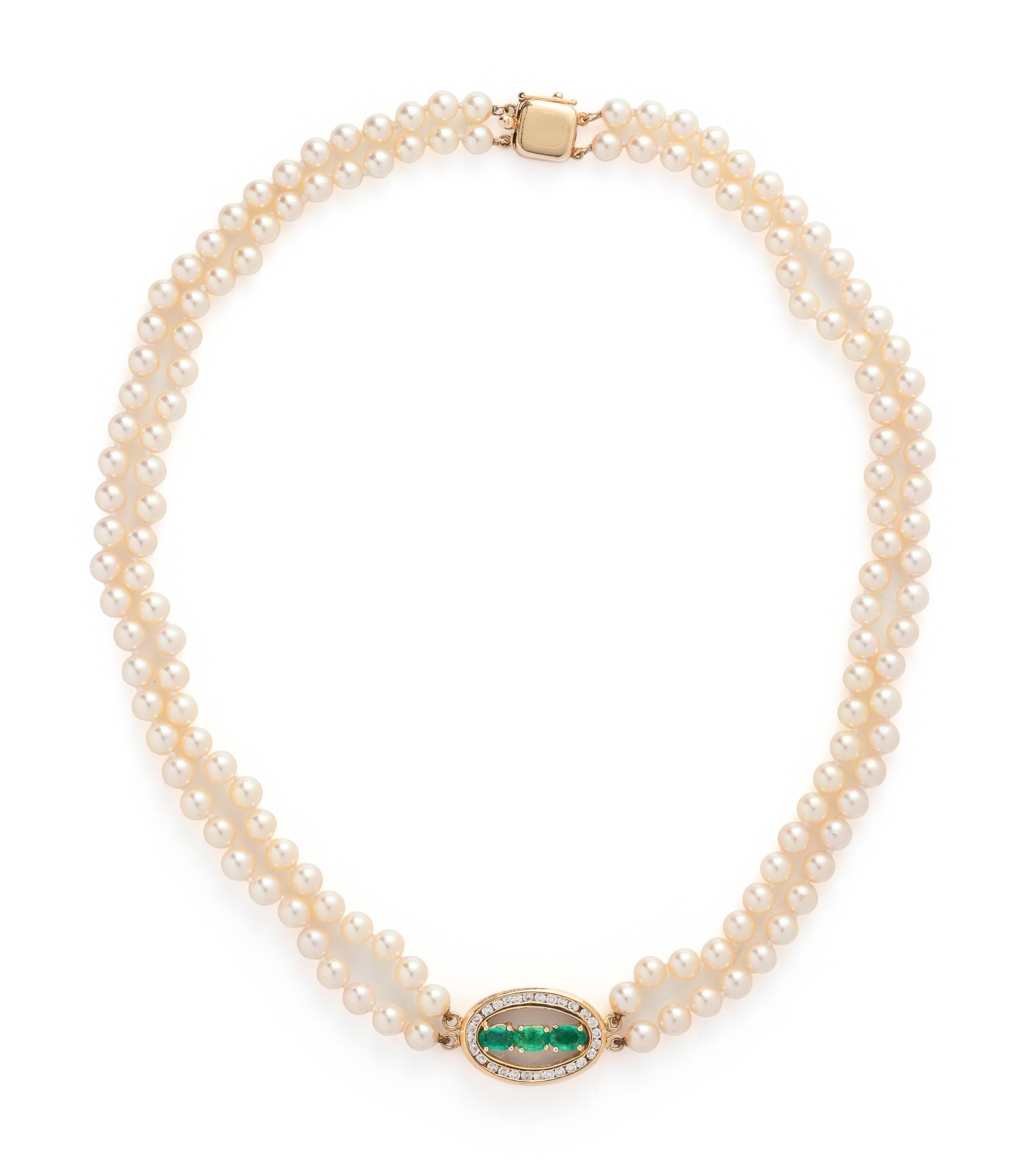 CULTURED PEARL, EMERALD AND DIAMOND NECKLACE