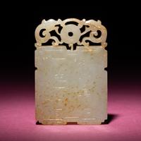 A Chinese Carved and Inscribed Russet and White Jade Rectangular Plaque, 18th/19th Century — 清中期 白玉留皮山水詩文圖牌