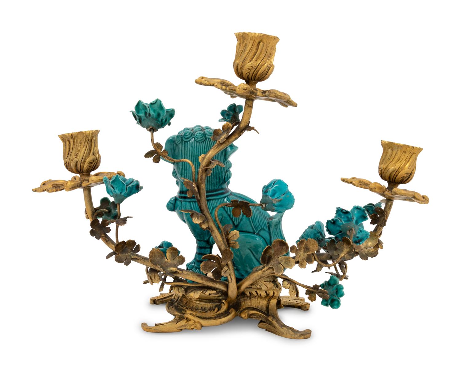 A Louis XV Style Gilt Bronze and Turquoise Glazed Porcelain Three-Light Candelabrum