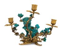A Louis XV Style Gilt Bronze and Turquoise Glazed Porcelain Three-Light Candelabrum