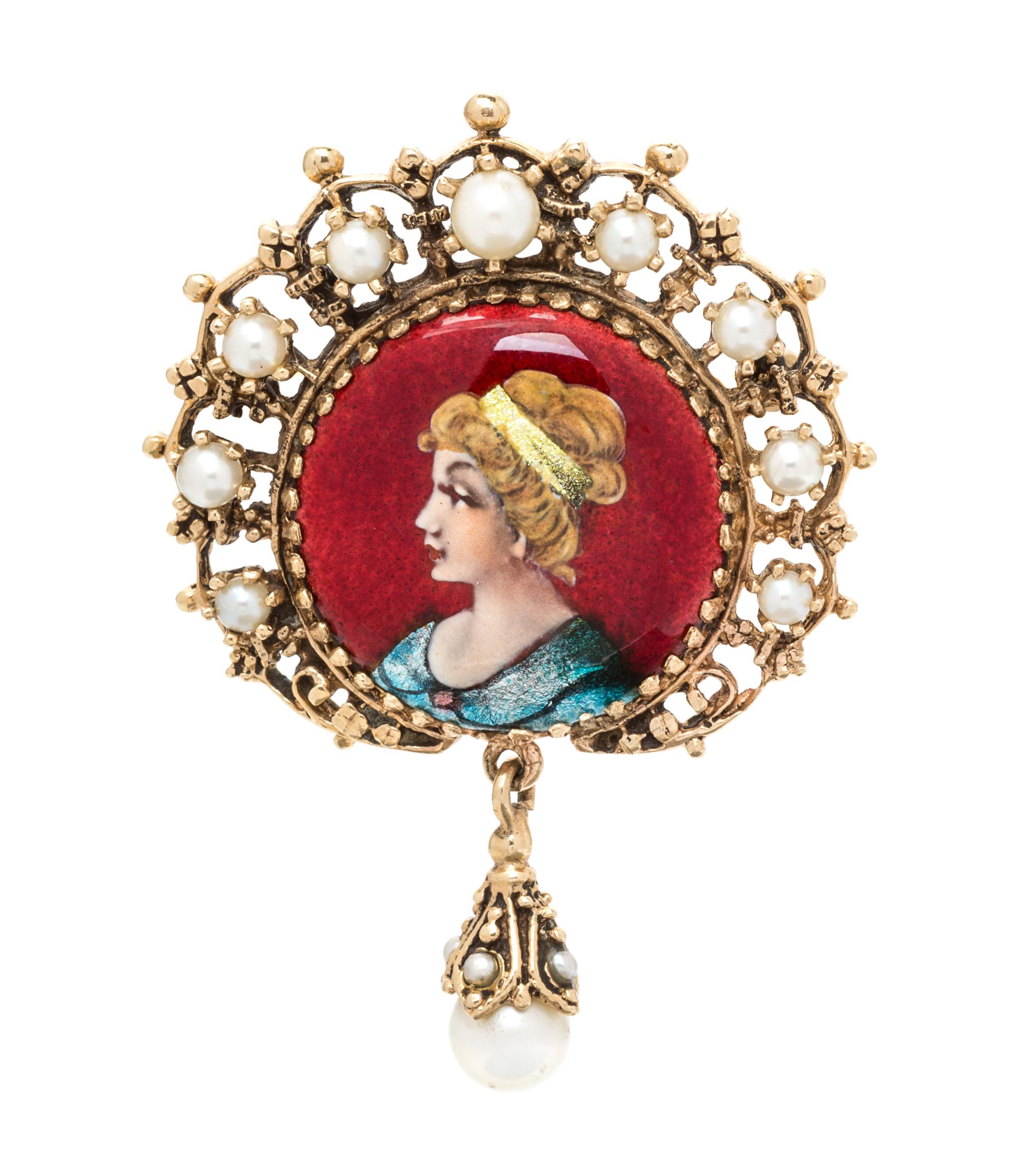 A 14 Karat Yellow Gold, Polychrome Enamel and Cultured Portrait Miniature Pendant/Brooch, 7.40 dwts.