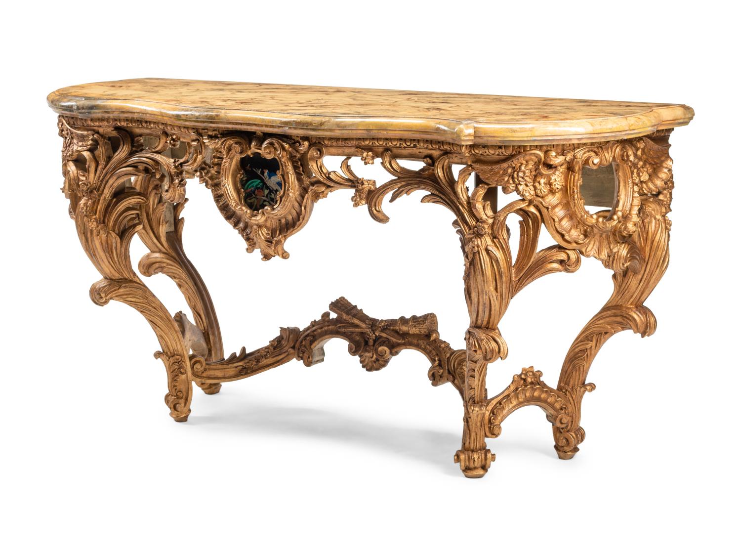 A Pair of Italian Pietra Dura-Inset Giltwood and Faux Marble-Top Console Tables