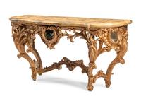 A Pair of Italian Pietra Dura-Inset Giltwood and Faux Marble-Top Console Tables
