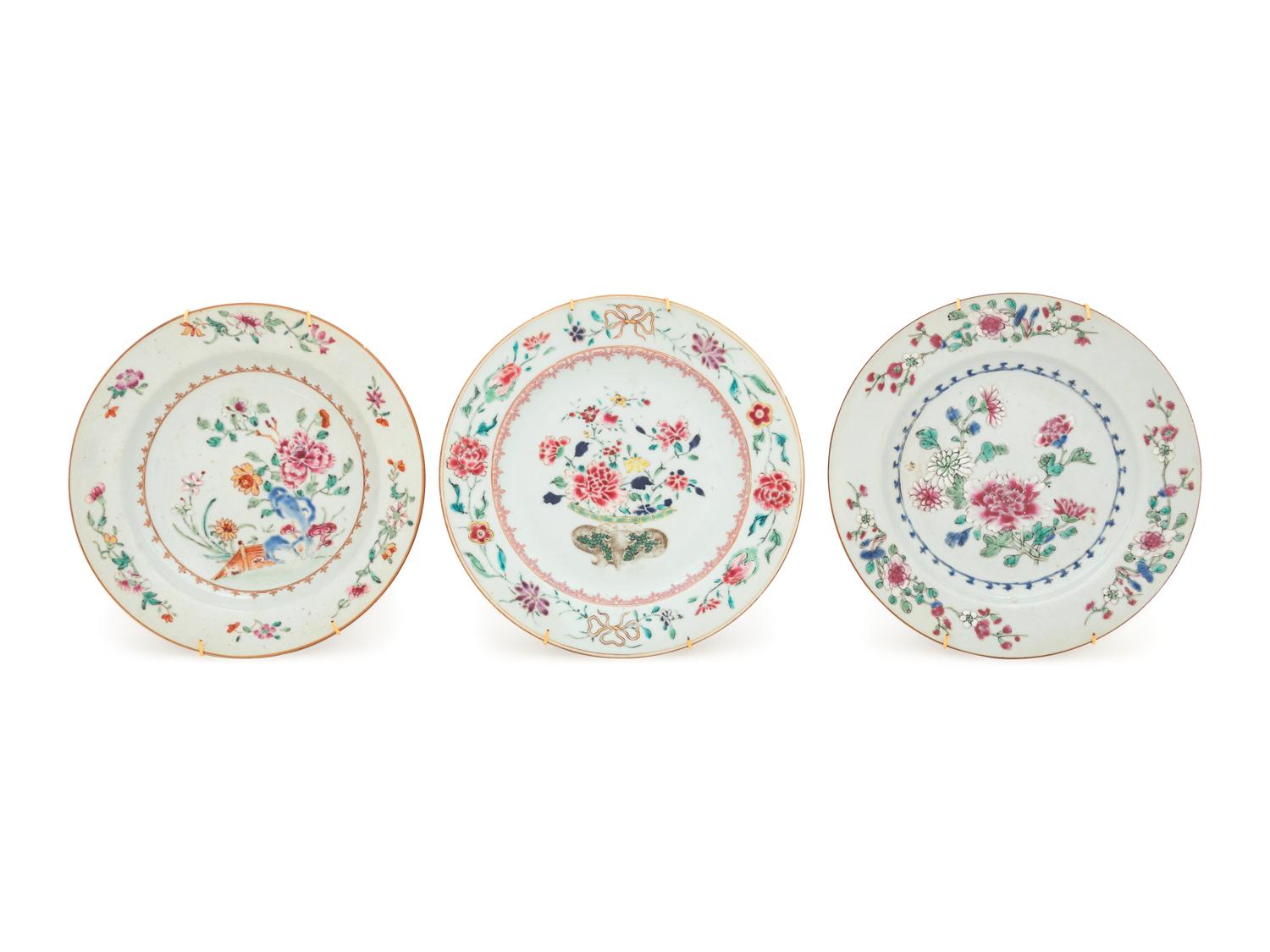 Three Chinese Export Famille Rose Porcelain Plates