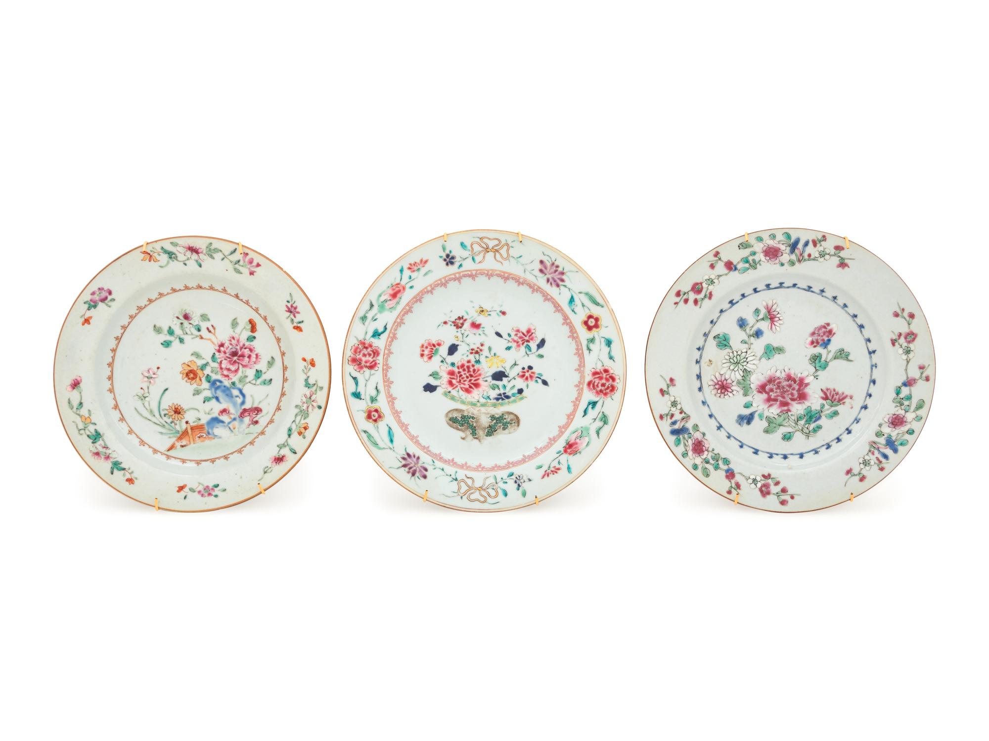 Three Chinese Export Famille Rose Porcelain Plates