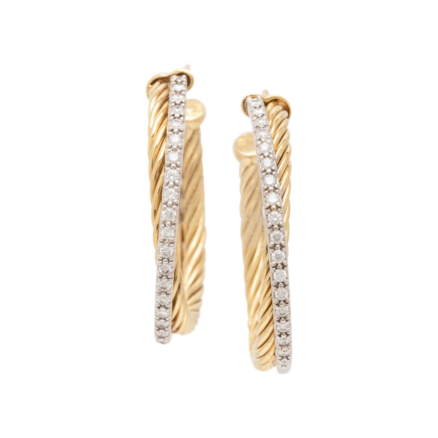 DAVID YURMAN, BICOLOR GOLD AND DIAMOND HOOP EARRINGS