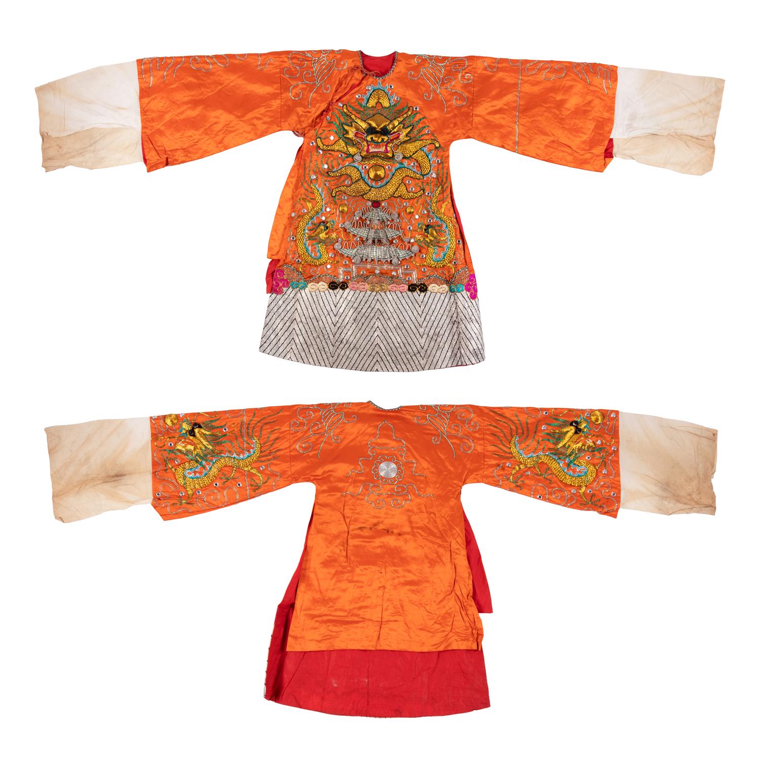 Two Chinese Orange Ground Embroidered Silk Theatrical Robes and A Cape