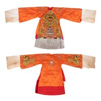 Two Chinese Orange Ground Embroidered Silk Theatrical Robes and A Cape