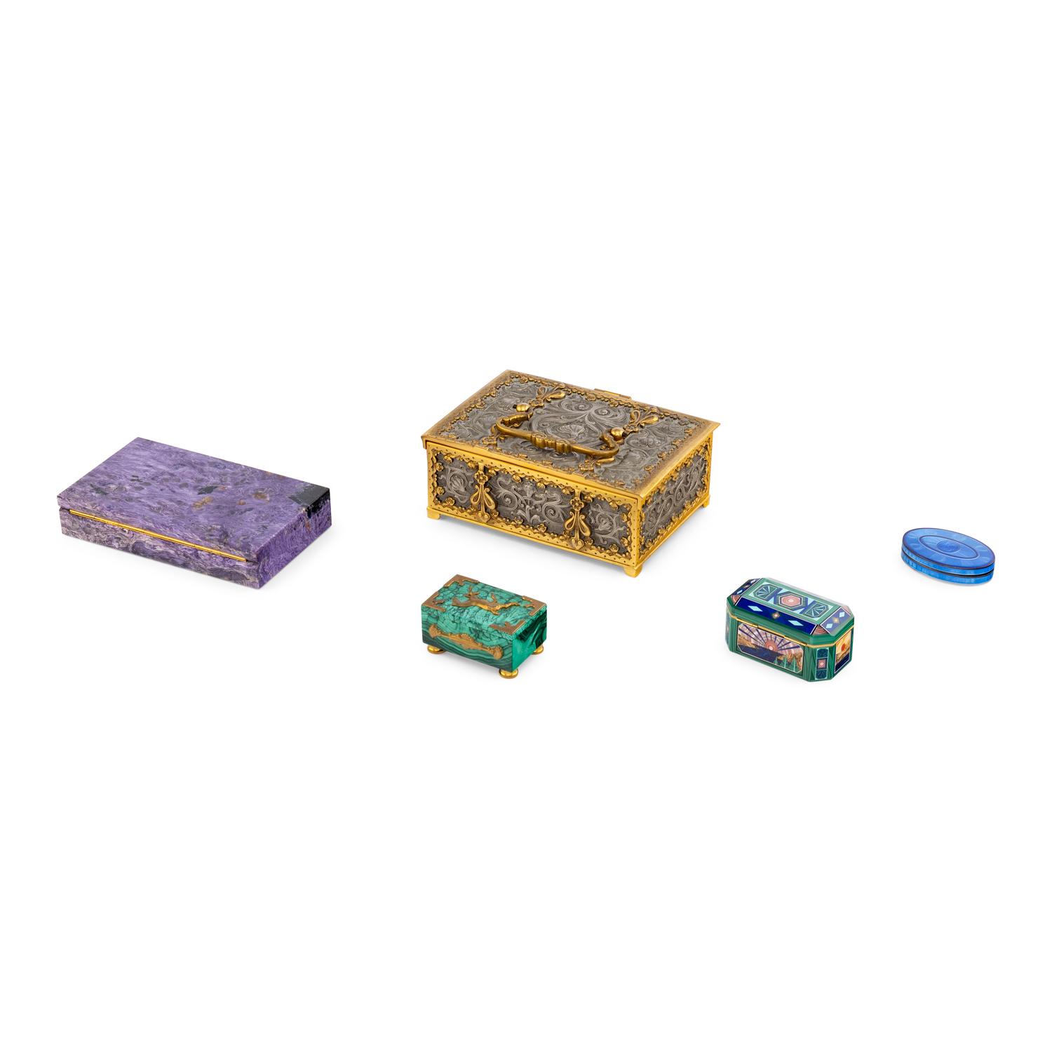 A Group of Five Stone, Metal, and Enamel Boxes