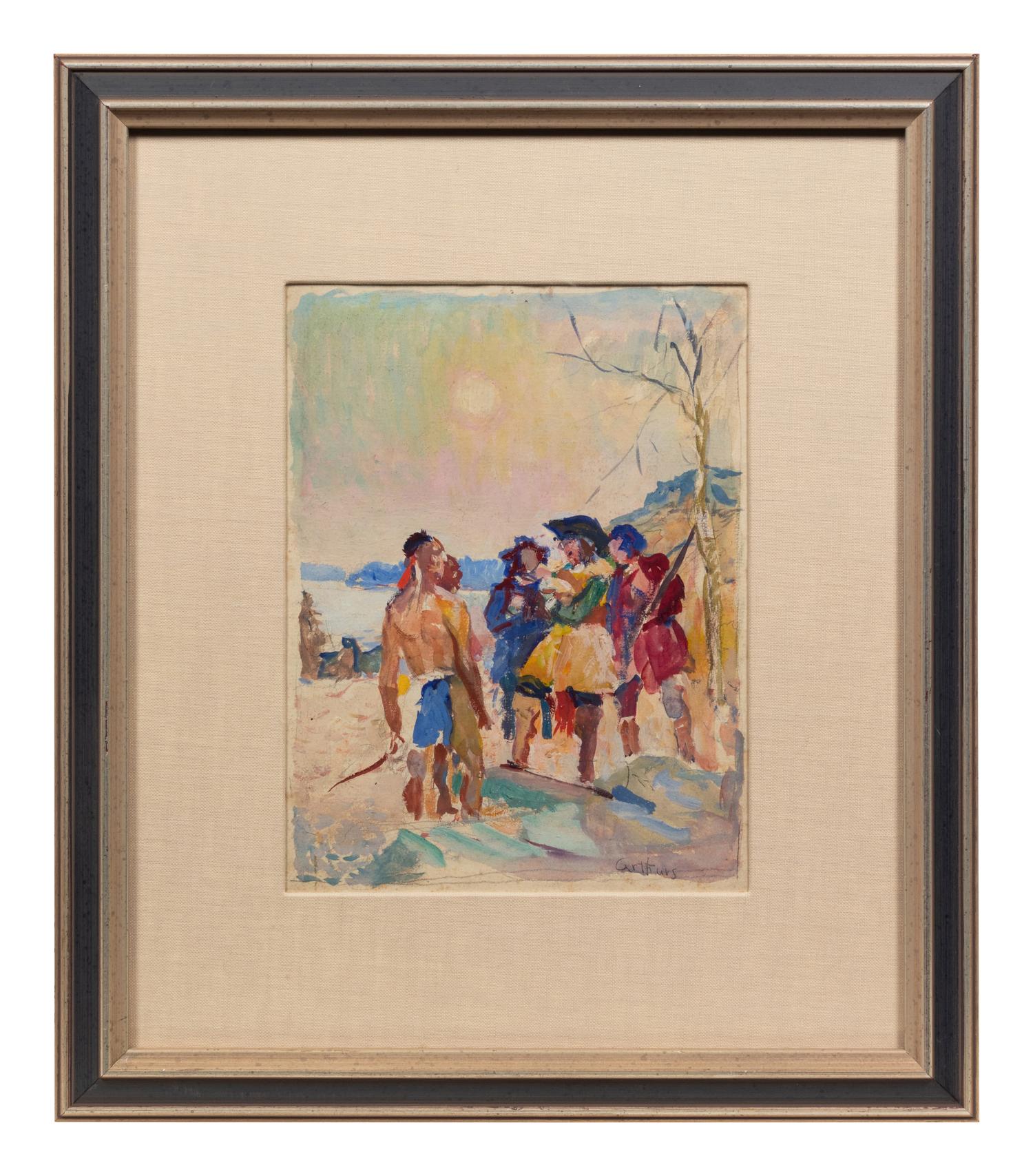 Two Indians and Three Settlers at a River