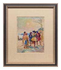 Two Indians and Three Settlers at a River