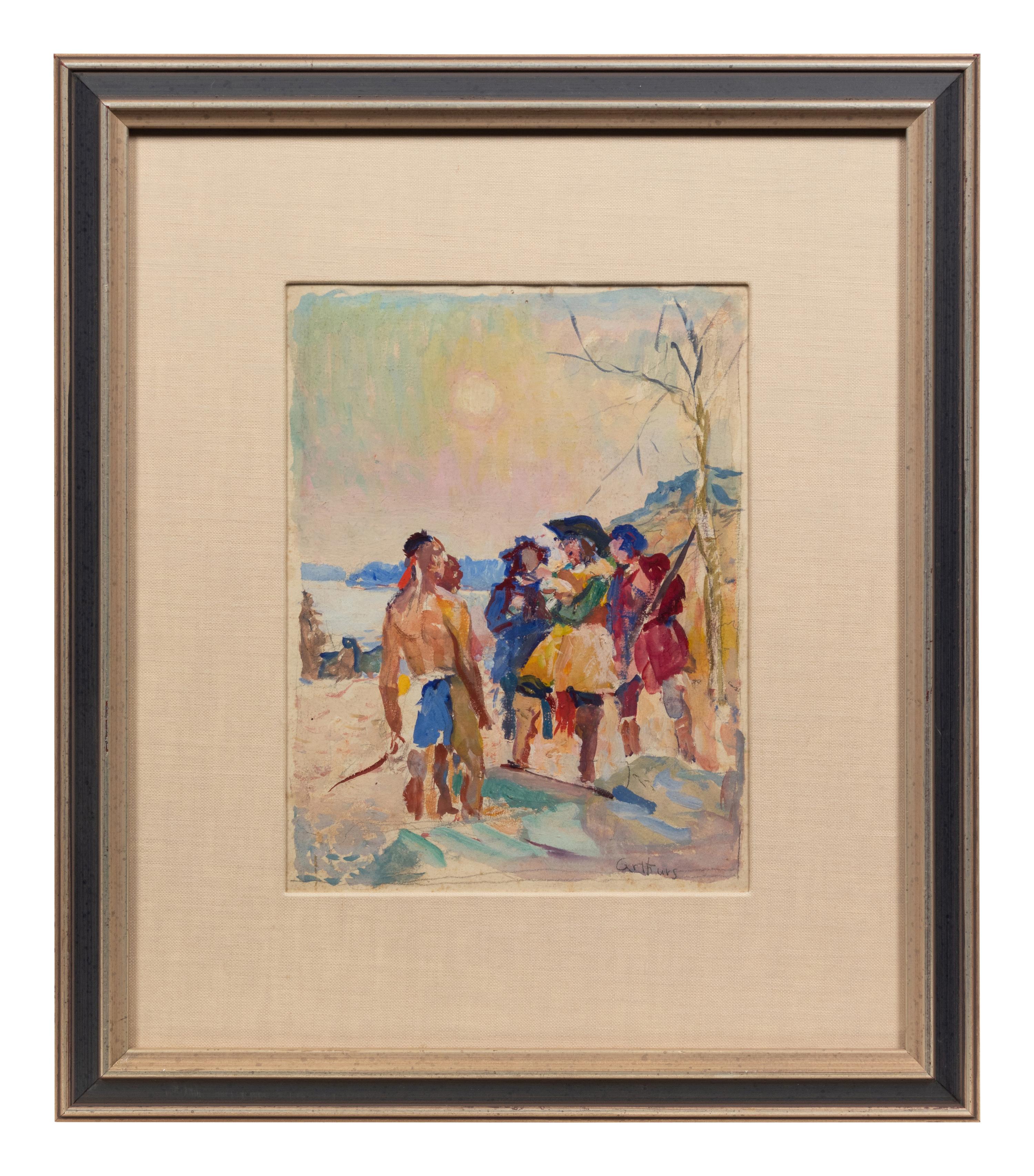 Two Indians and Three Settlers at a River