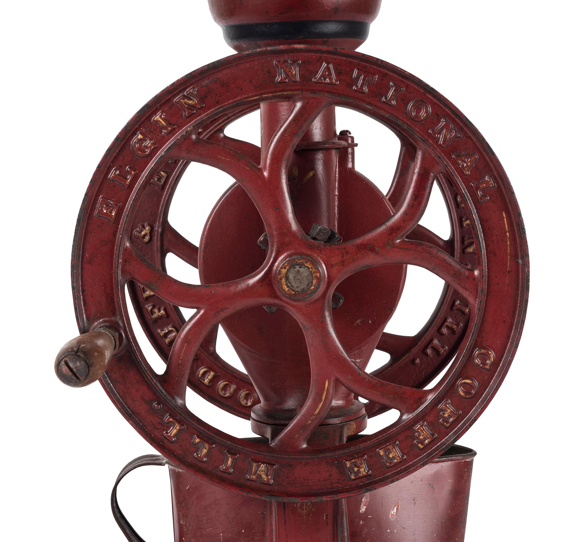 An Elgin National Painted Cast Iron Coffee Mill with Eagle Finial
