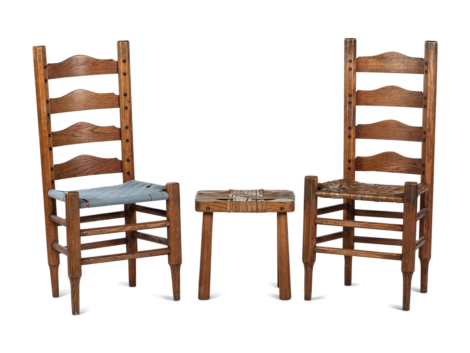 Chester Cornett (Kentucky, 1912-1981), Two Oak Chairs and Footstool