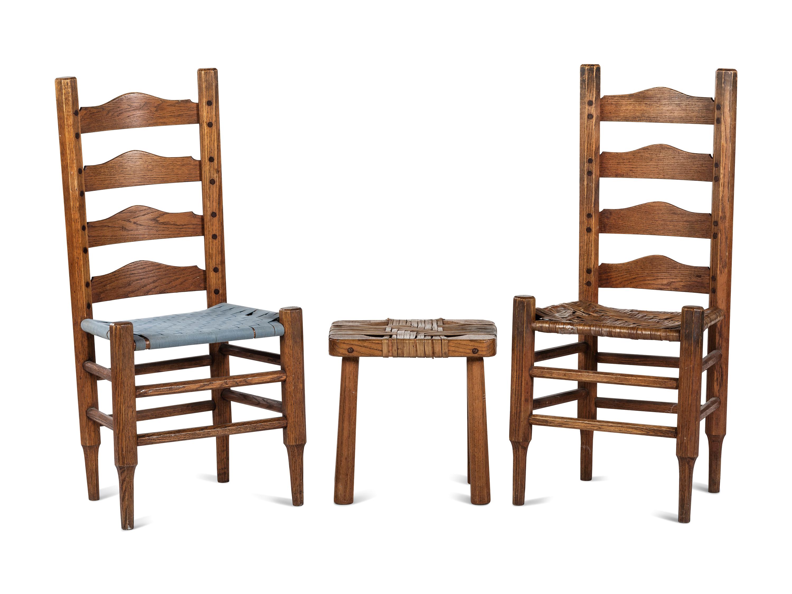 Chester Cornett (Kentucky, 1912-1981), Two Oak Chairs and Footstool