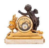 A Louis XVI Style Gilt and Patinated Bronze and Marble Mantel Clock