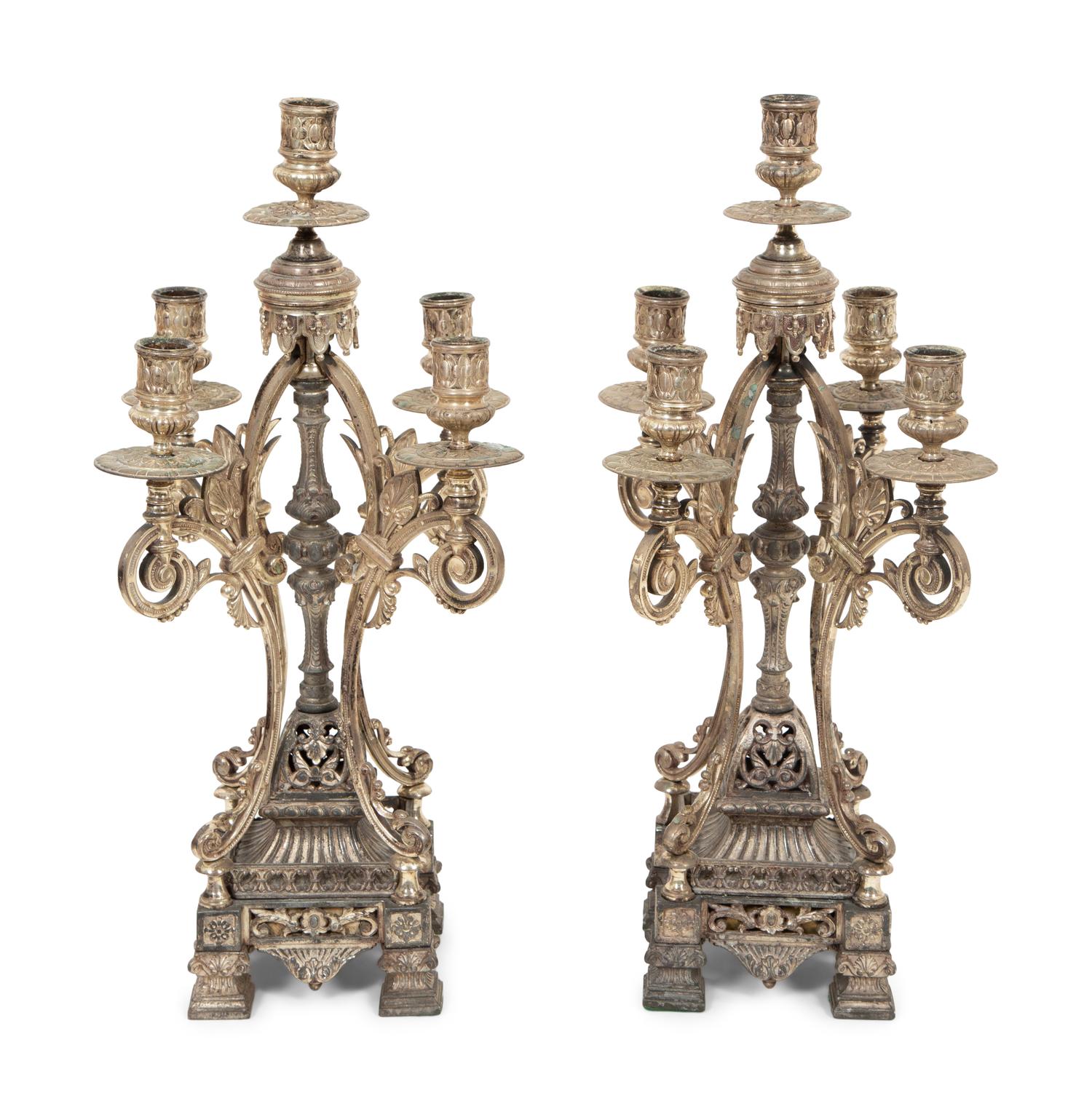 A Pair of English Silver-Plate Five-Light Candelabra
