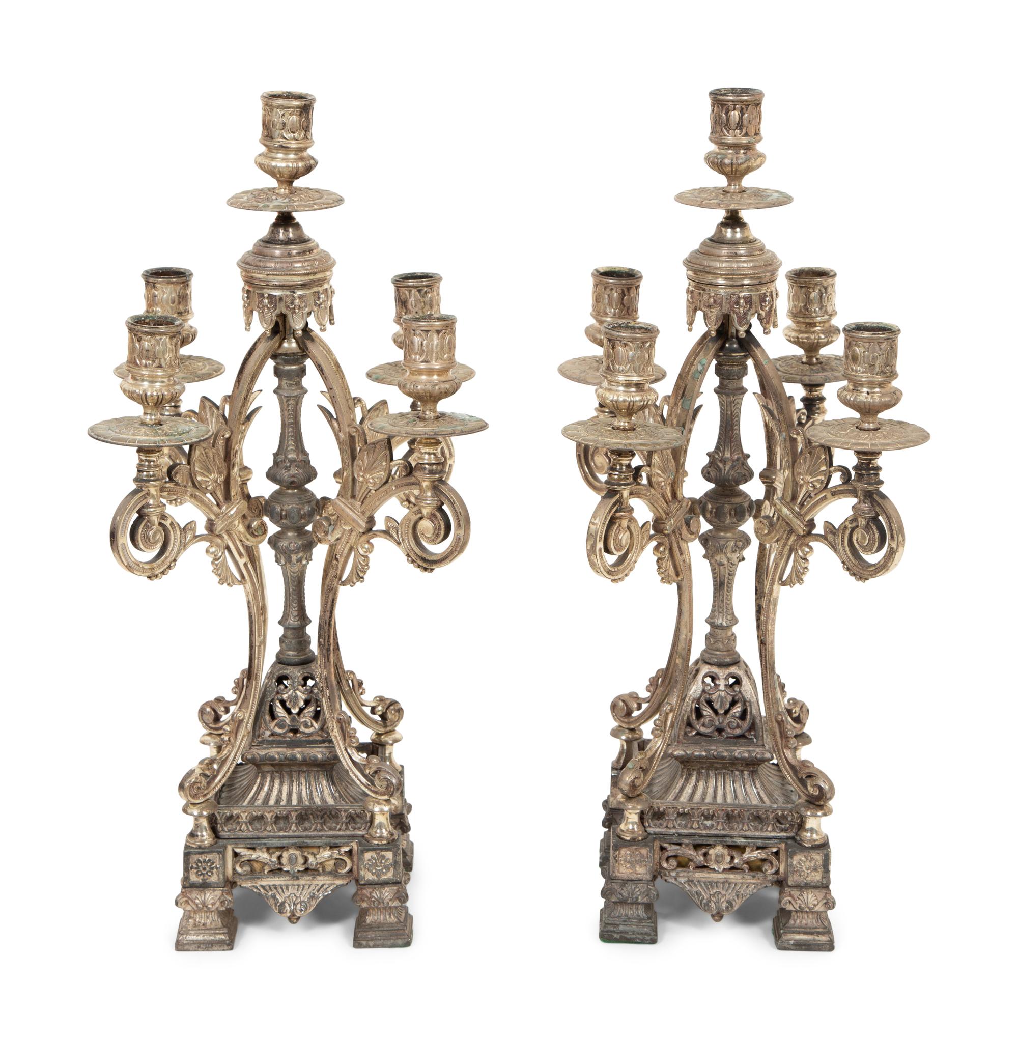 A Pair of English Silver-Plate Five-Light Candelabra