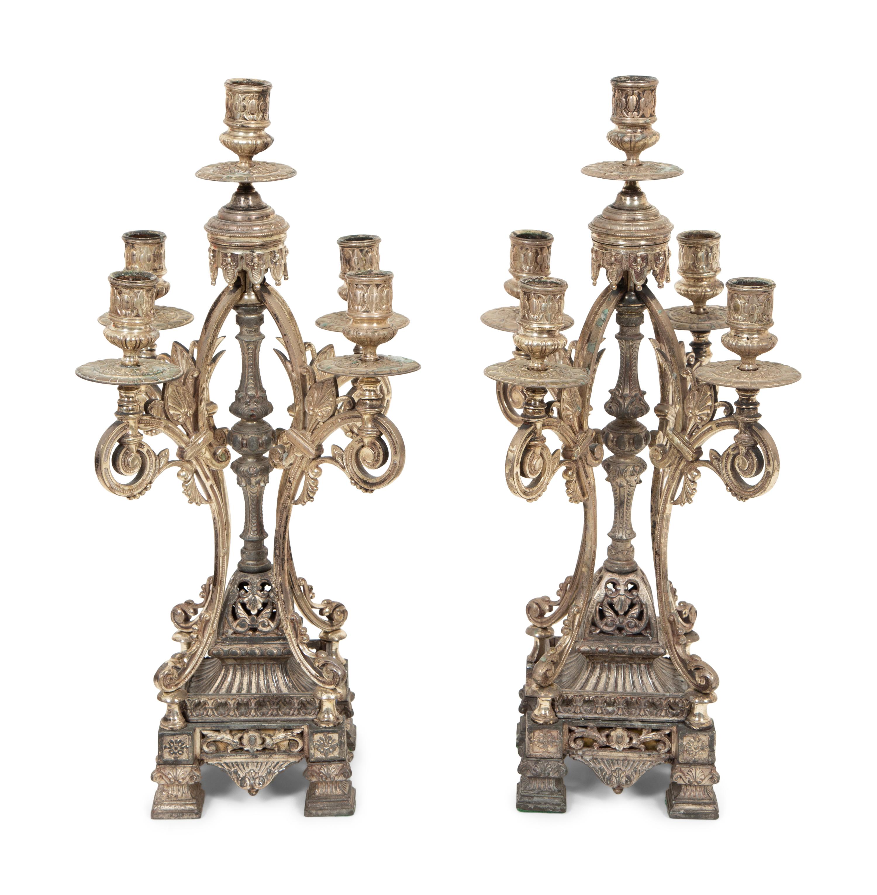 A Pair of English Silver-Plate Five-Light Candelabra