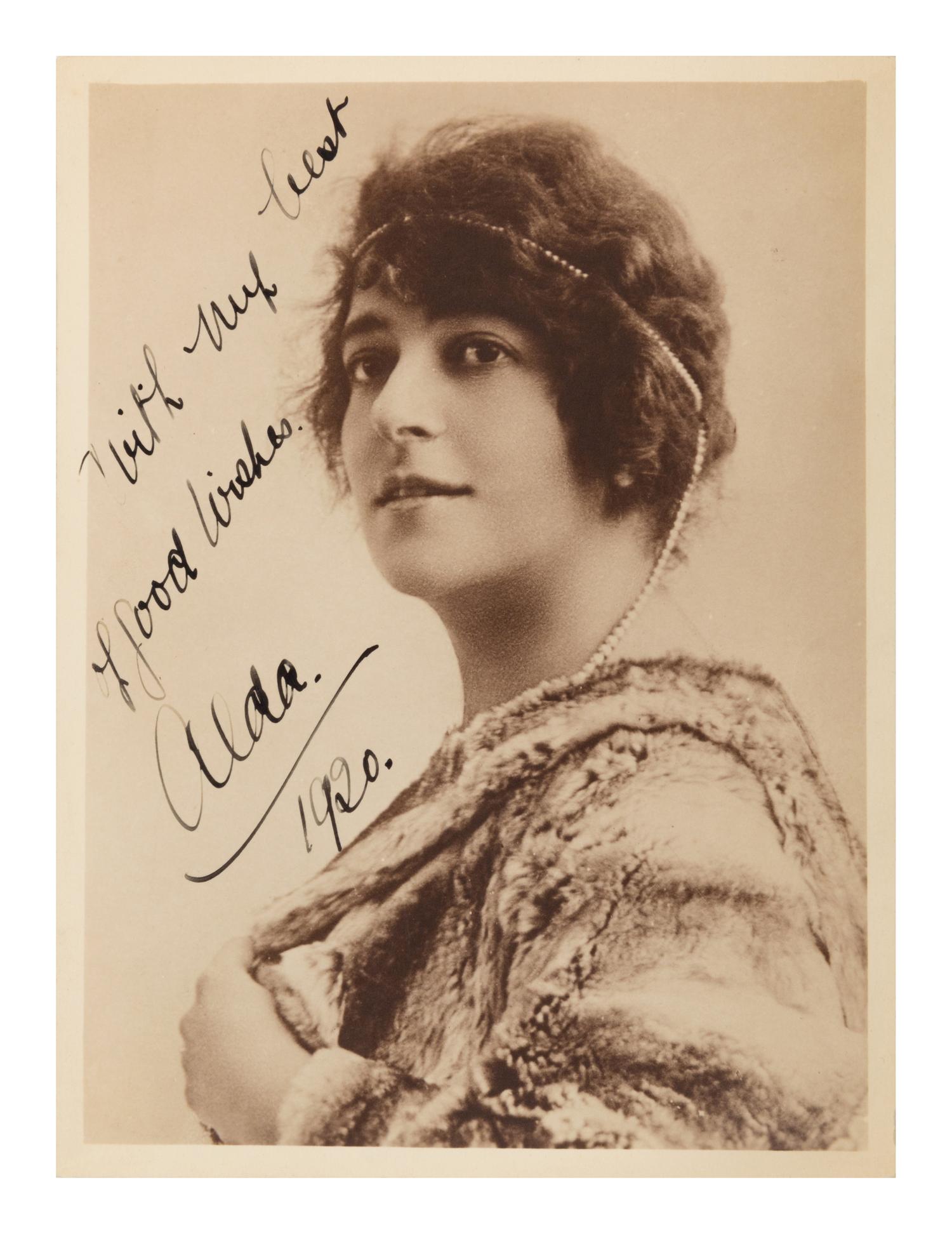 ALDA, Frances (1879-1952). Sepia photographic print signed and inscribed (“With my best of good wishes. Alda. 1920.”) by Mishkin.