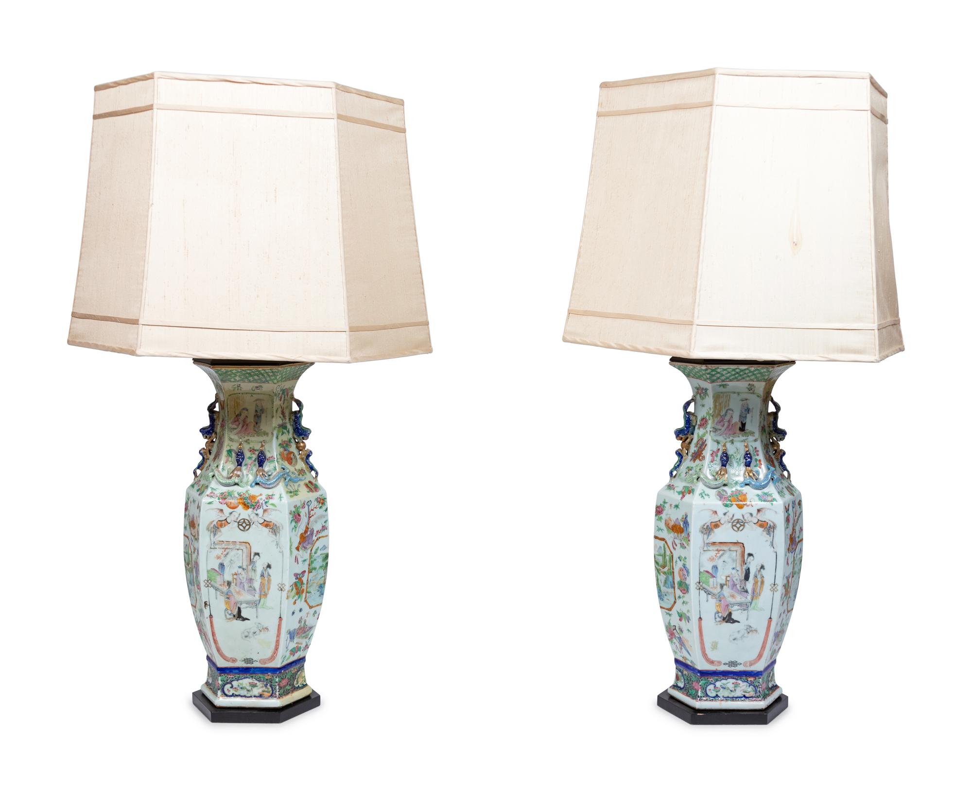 A Pair of Chinese Famille Rose Porcelain Vases Mounted as Lamps