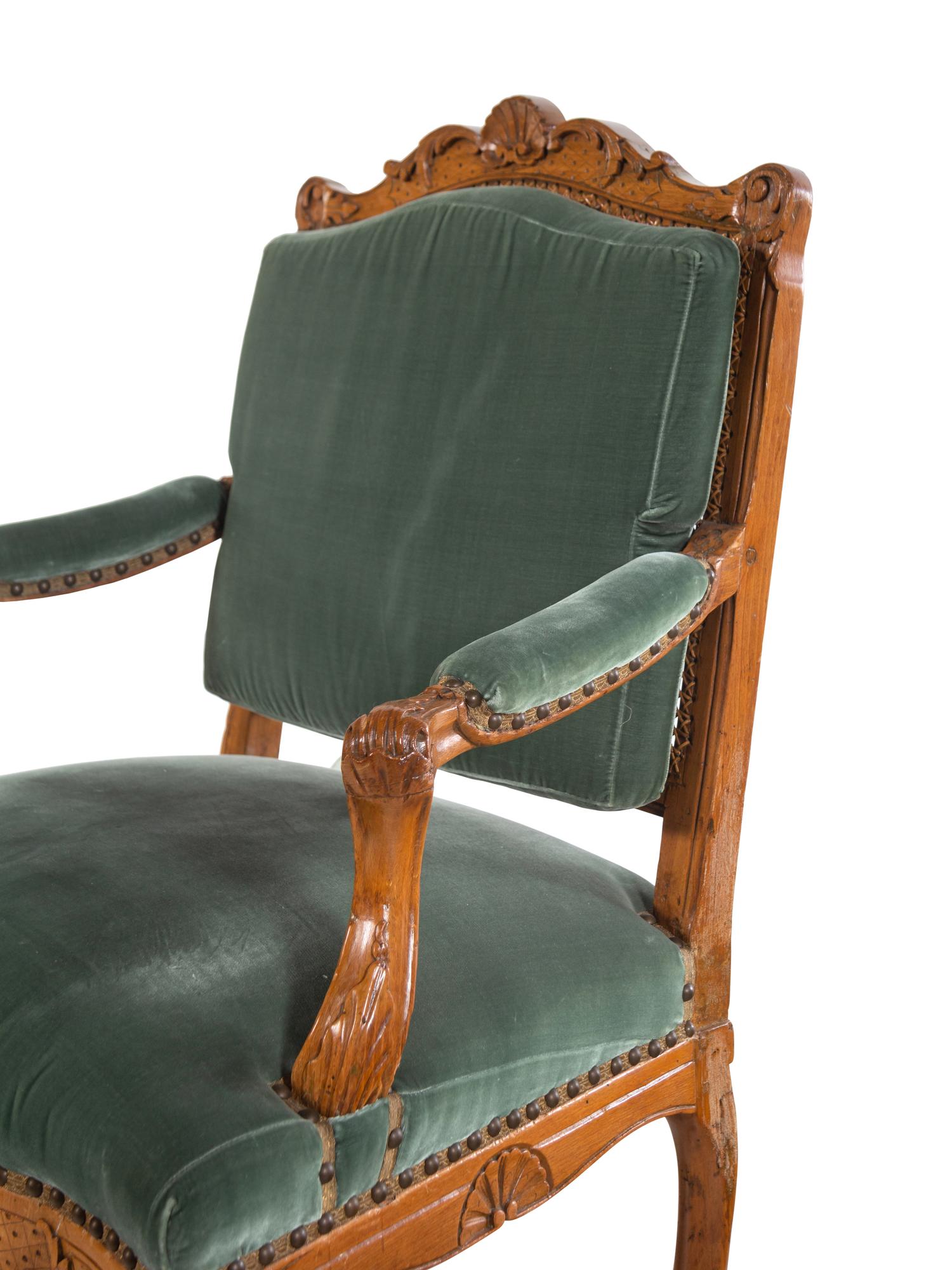 A Régence Style Velvet-Upholstered Beechwood Fauteuil