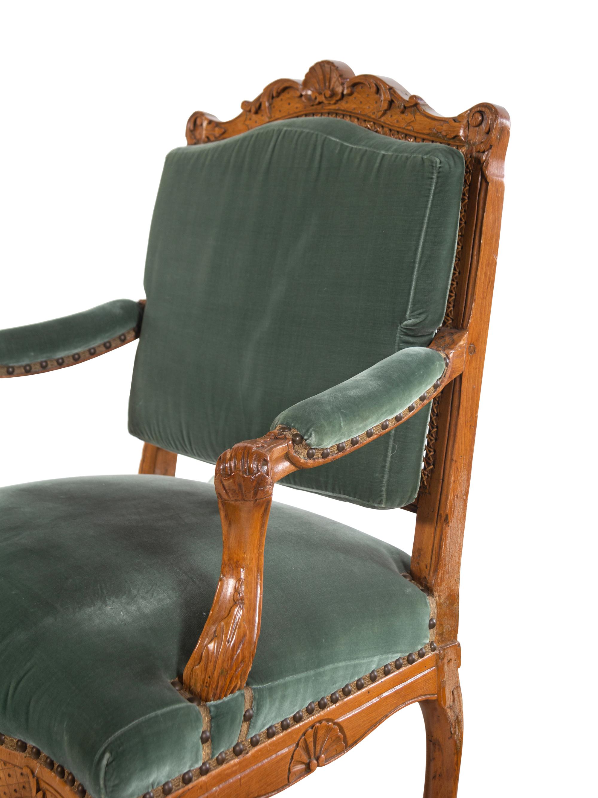 A Régence Style Velvet-Upholstered Beechwood Fauteuil
