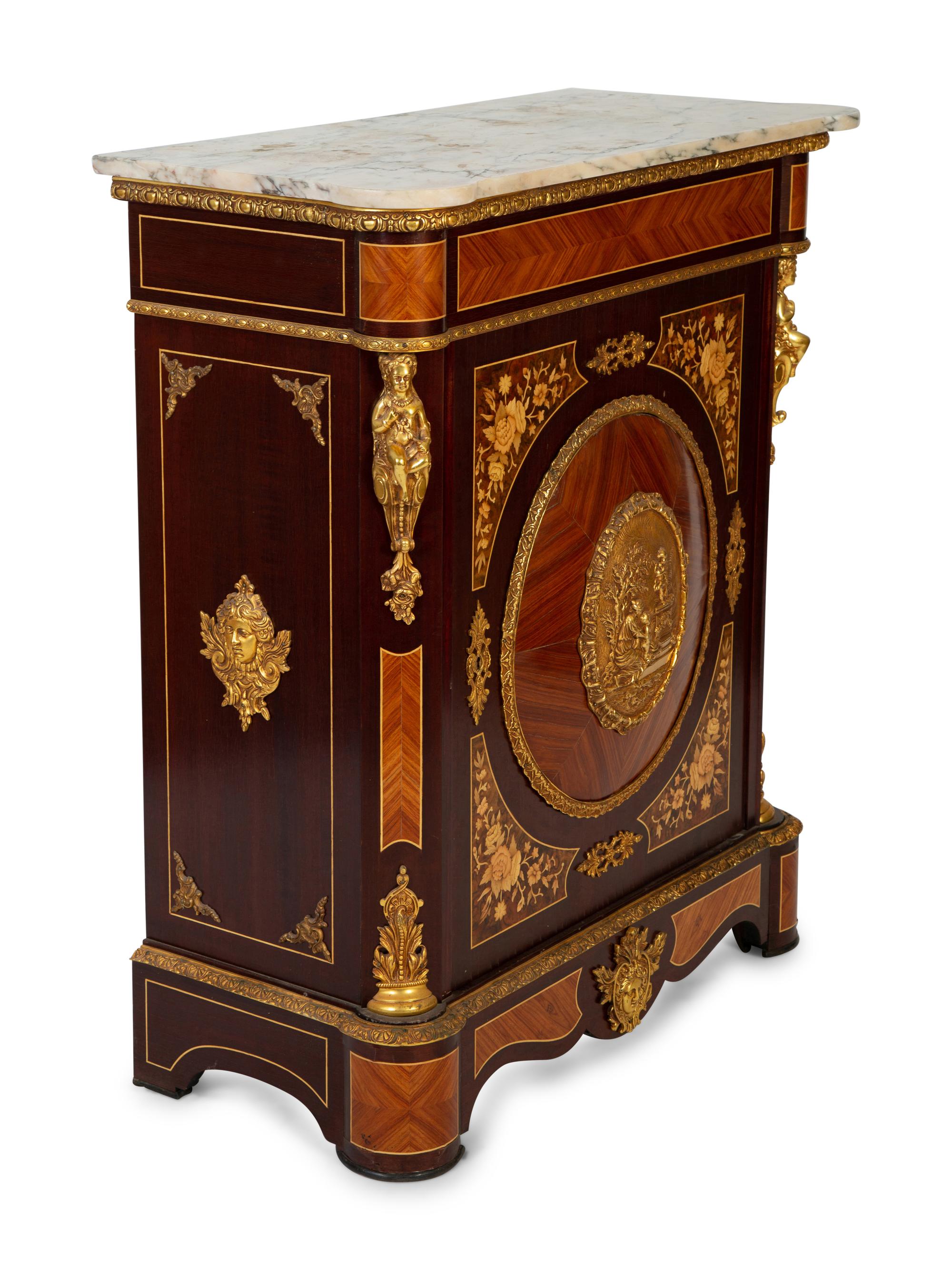 A Napoleon III Style Gilt Metal Mounted Marquetry Marble-Top Cabinet — 20TH CENTURY