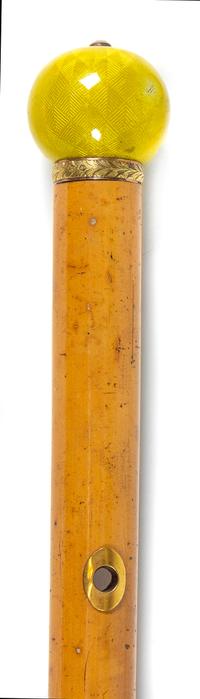 A Russian Diamond-Inset and Guilloche Enamel Mounted Walking Stick Length 33 5/8 inches. — WITH SPURIOUS FABERGE MARKS, 20TH CENTURY