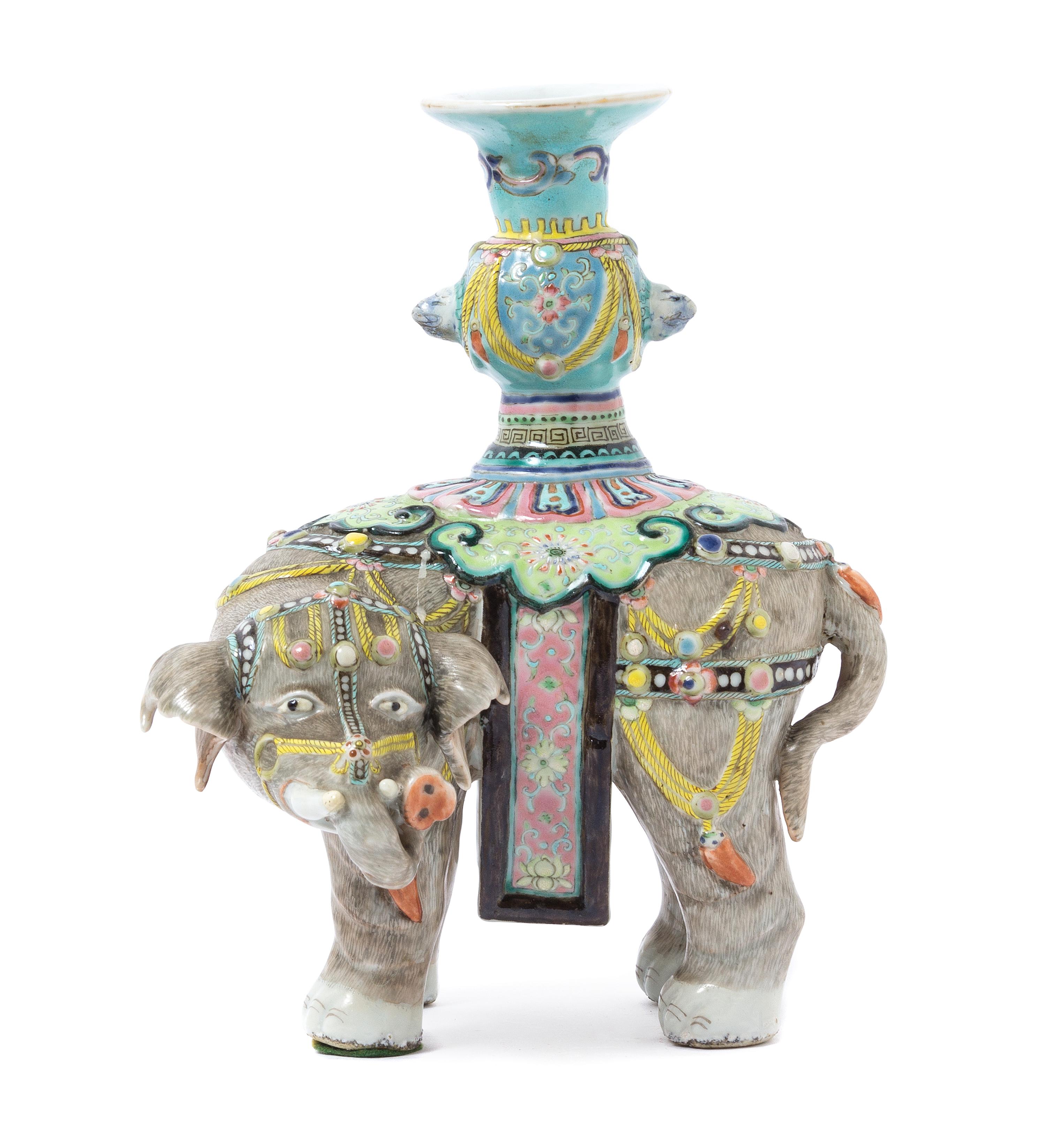 A Chinese Famille Rose Porcelain Elephant Vase 18TH/19TH CENTURY Height 9 1/4 inches. — 18TH/19TH CENTURY