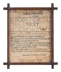An English Needlework Embroidered Schoolgirl's Sampler Wrought by Sarah Ludlam