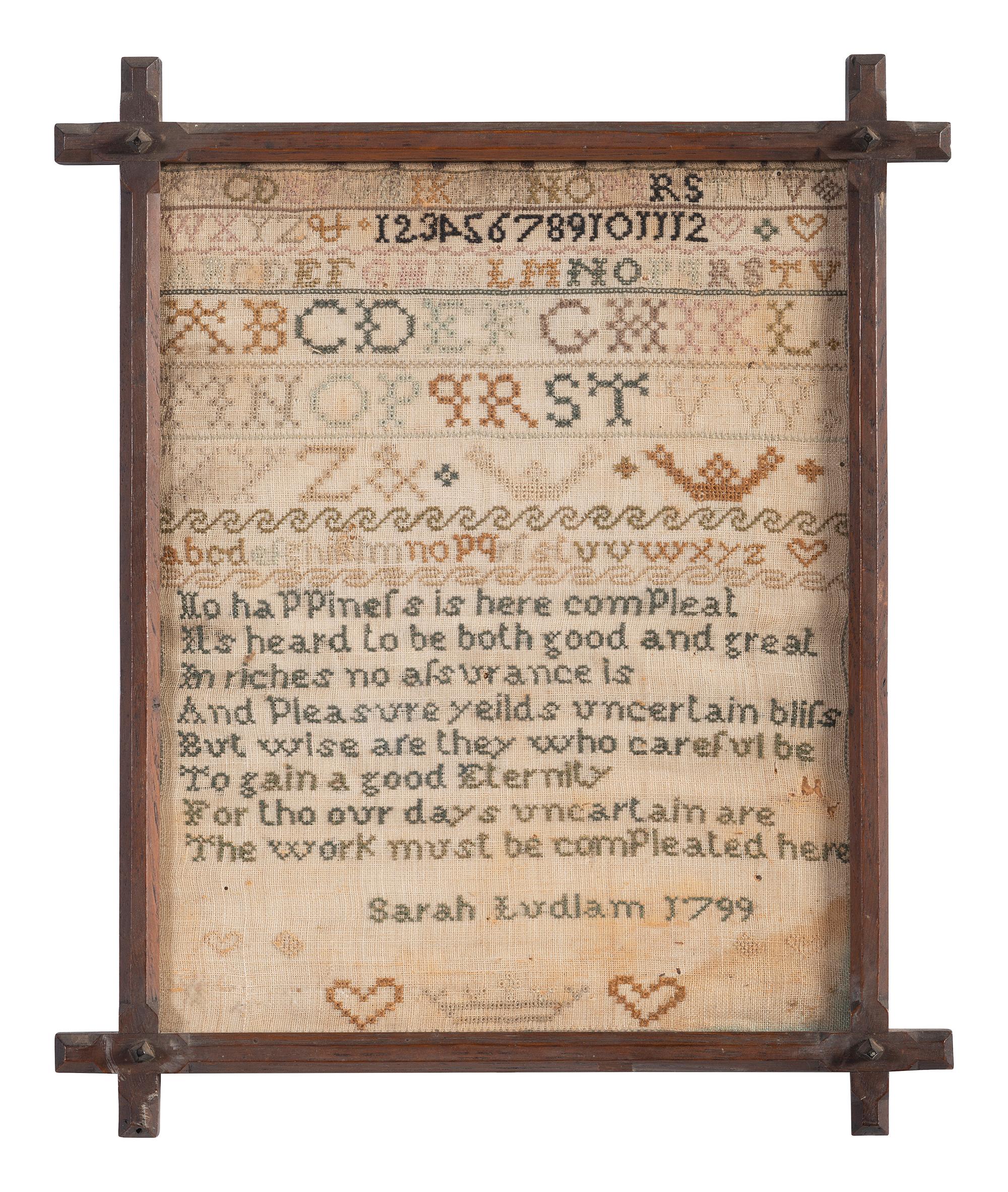 An English Needlework Embroidered Schoolgirl's Sampler Wrought by Sarah Ludlam