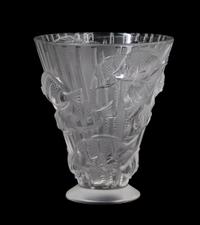 A Lalique Molded and Frosted Glass Vase, Height 6 3/4 inches.