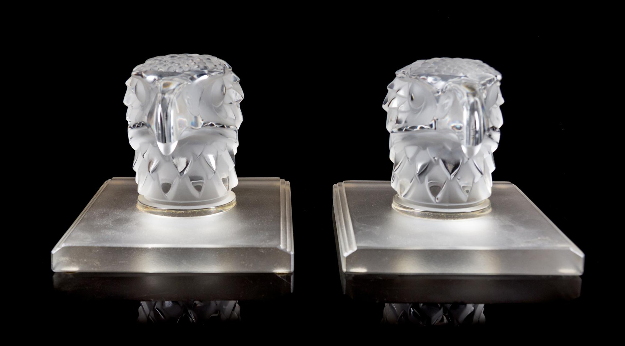 A Pair of Lalique Molded and Frosted Glass Mascots Height 5 inches. — SECOND HALF 20TH CENTURY
