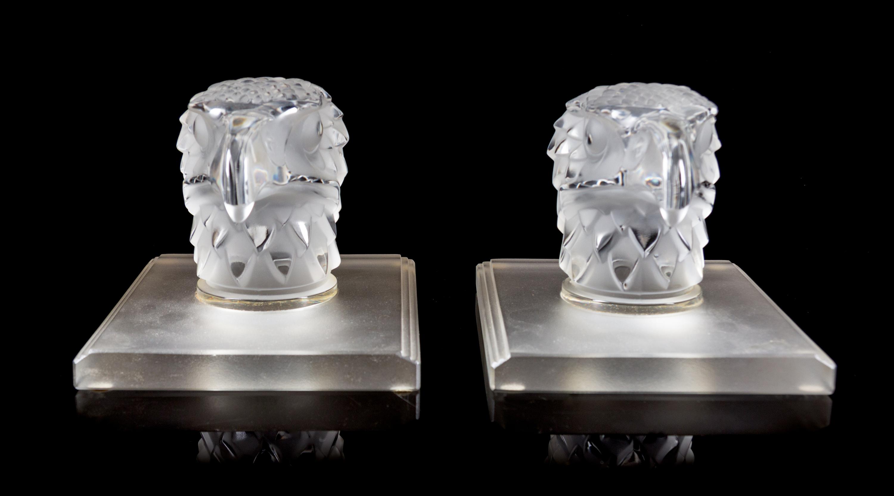 A Pair of Lalique Molded and Frosted Glass Mascots Height 5 inches. — SECOND HALF 20TH CENTURY