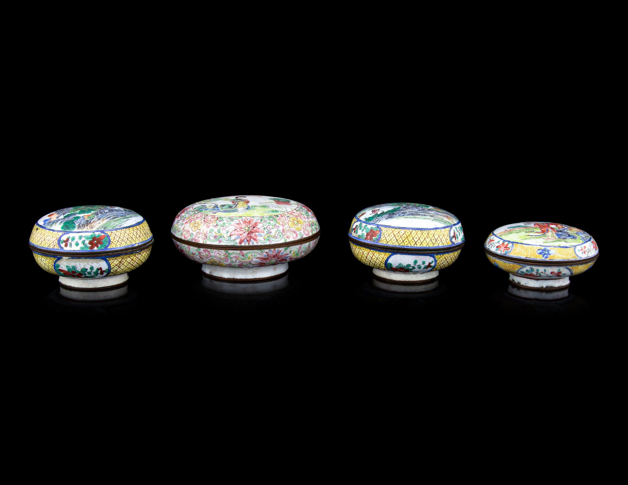 Four Chinese Canton Enamel on Copper Covered Boxes