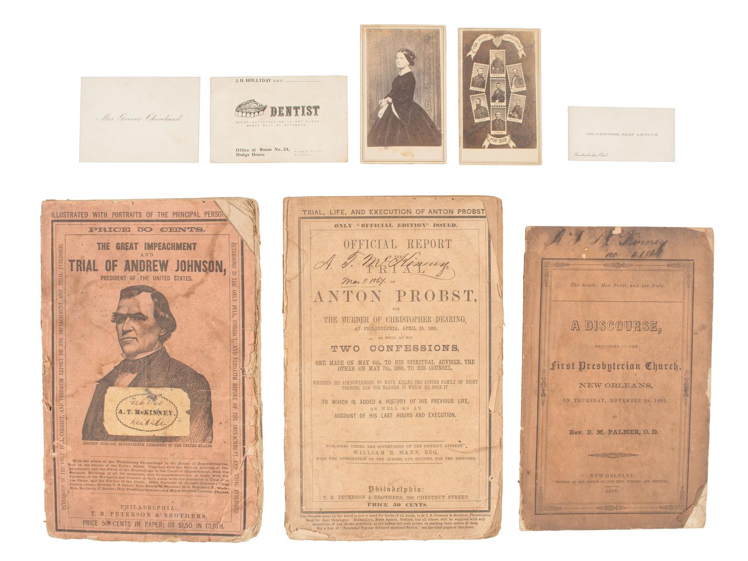 [POLITICS]. 8 items, incl. CDV of Lincoln with generals and Impeachment and Trial of Andrew Johnson .