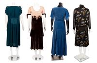 Four 1920-30s Dresses: Three Velvet, One Printed